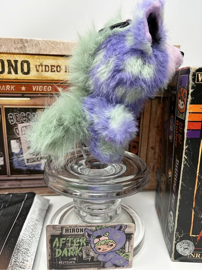 POP MART HIRONO After Dark Off Script plush pendant – Side view with photographed packaging
