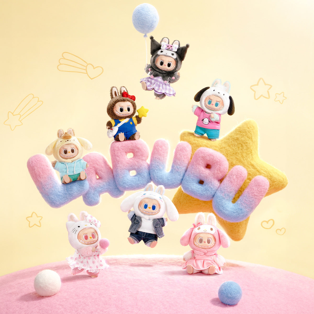 THE MONSTERS × Hello Kitty and Friends Series Vinyl Plush Pendant Blind Box — official scene reference image; packaging shown illustrates the original product, not the exact supplied opened box condition.