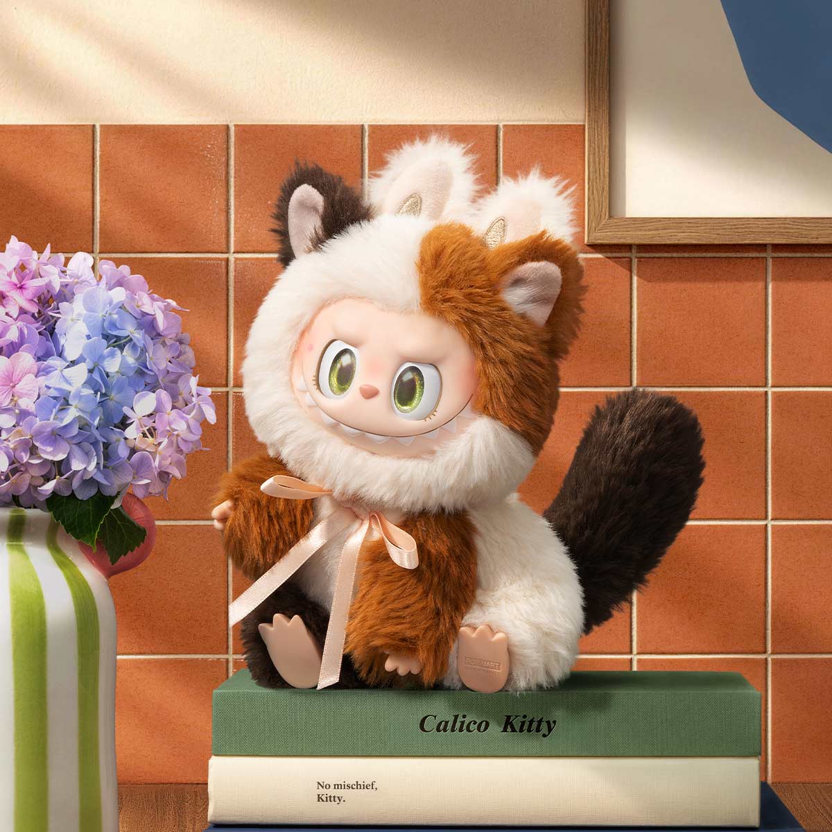 Reference photo of THE MONSTERS CAT MODE ON Calico Kitty vinyl plush pendant; official POP MART design reference, not a photo of the exact item supplied.