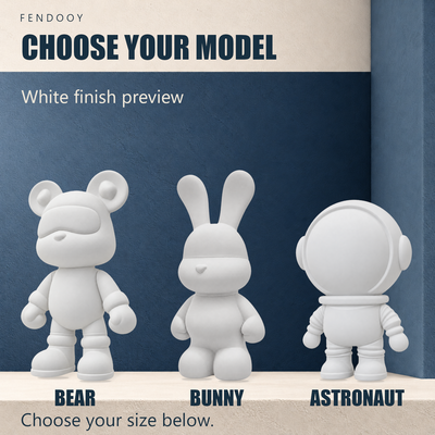 Matte white resin finish illustrations of Bear, Bunny and Astronaut model shapes.