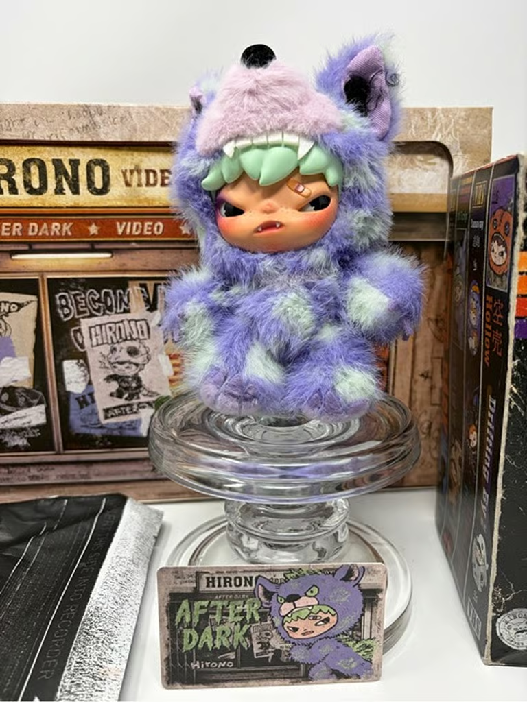 POP MART HIRONO After Dark Off Script plush pendant – Front view with photographed packaging and character card