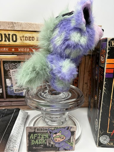 POP MART HIRONO After Dark Off Script plush pendant – Side view with photographed packaging
