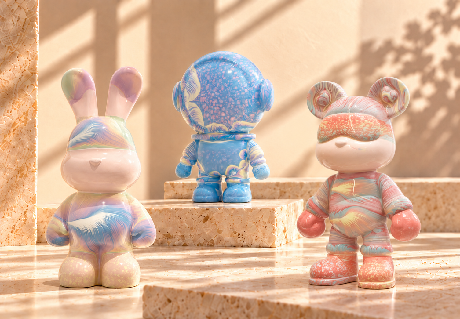 The selected Pastel Mirage bunny, front-facing Cosmic Radiance astronaut, and choice 4 Peachy Aurora bear facing inward on warm stone steps.